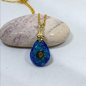 Blue daisy necklace,Real daisy jewelry,daisy gift